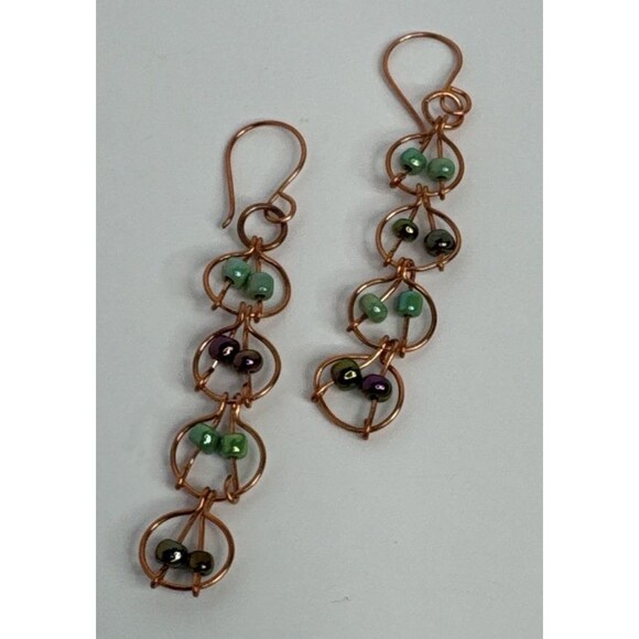 Copper Wire Earrings Green And Purple Seed Beads With French Hook  Hand Made - Picture 1 of 4